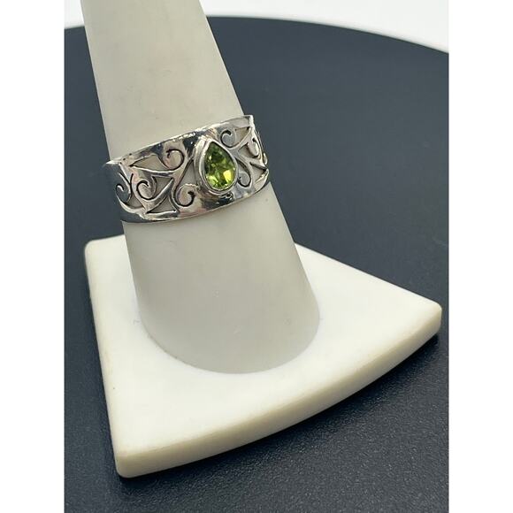 Sterling Silver 6x9mm Bezel Set Teardrop Peridot Leaf Swirl Filigree Ring Sz 9.5 - Picture 4 of 8